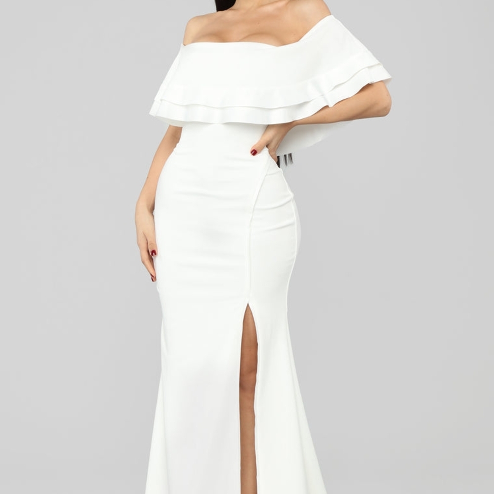 Fashion Nova White Off-Shoulder Ruffled Gown
